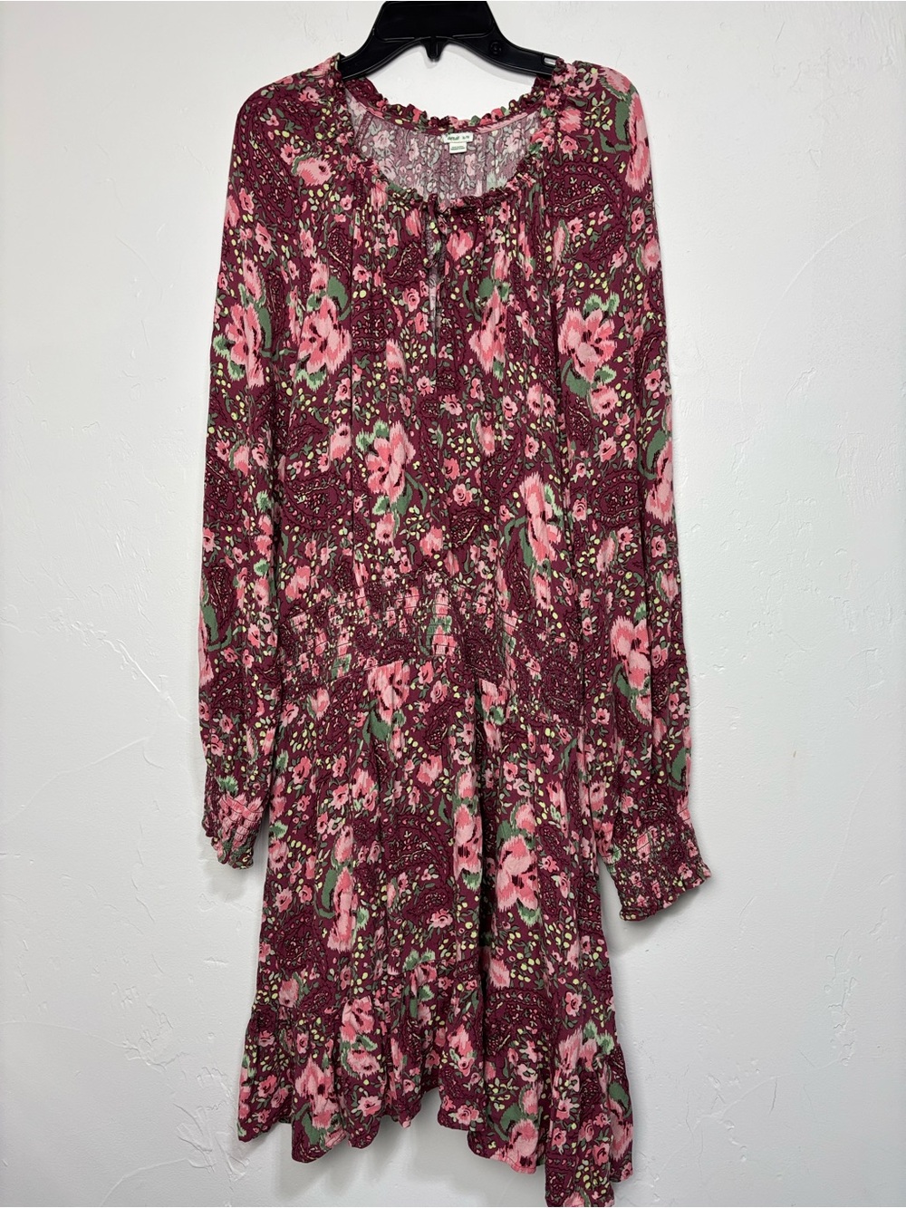 Aerie Women's XL Burgundy Floral Smocked Fit & Flare Short Dress Mini Boho